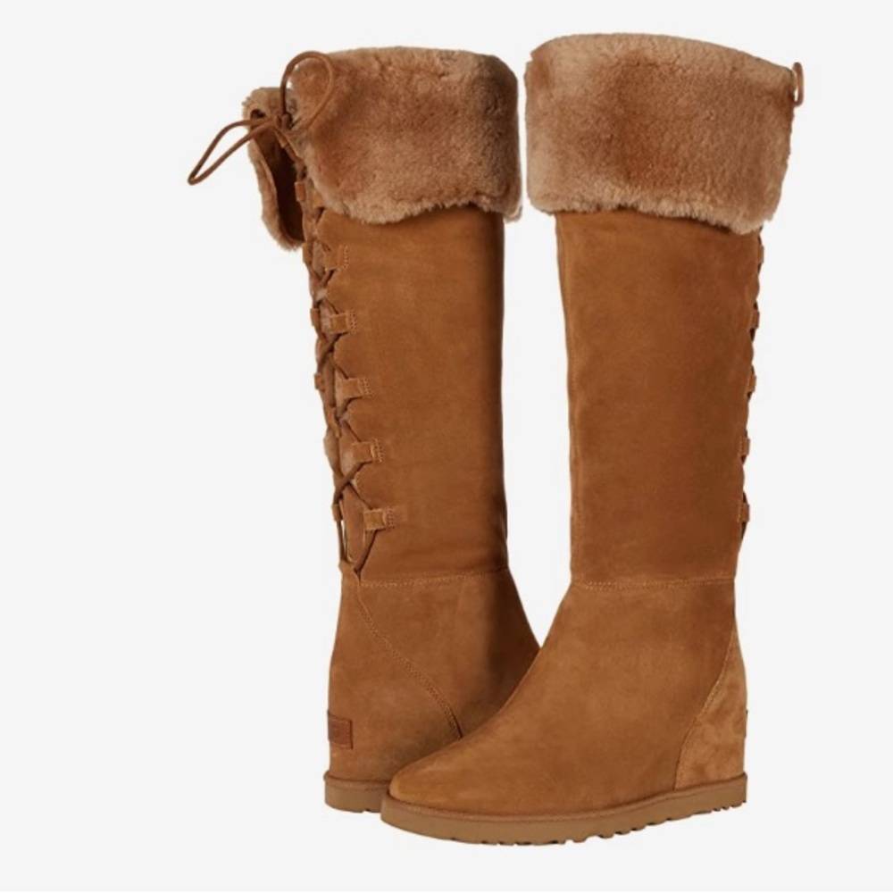 UGG Classic Femme Chestnut Genuine Shearling Lace Boots Over-Knee Wedge Size 9.5